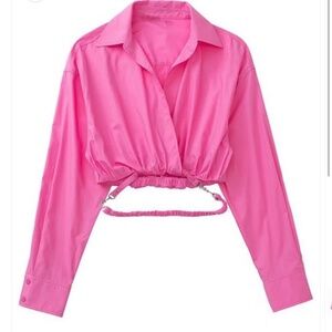 Hot Pink Cropped Shirt with Drawstring Detail